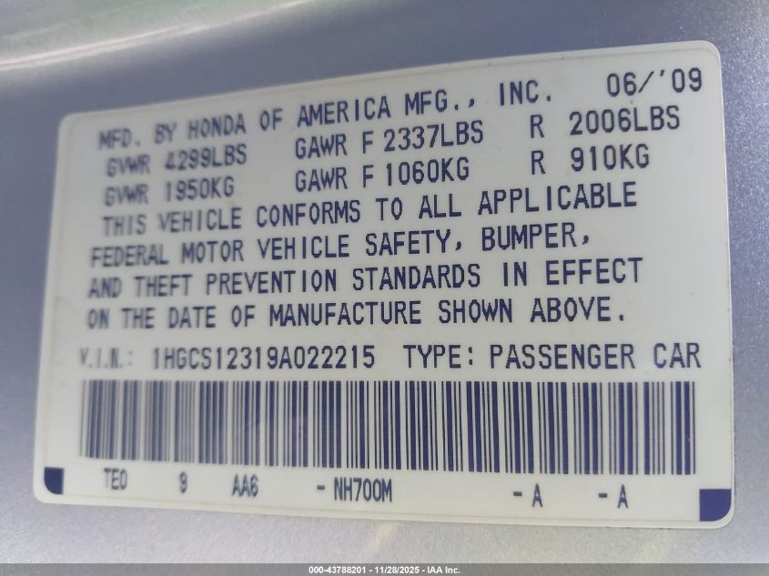 2009 Honda Accord 2.4 Lx-S VIN: 1HGCS12319A022215 Lot: 43788201