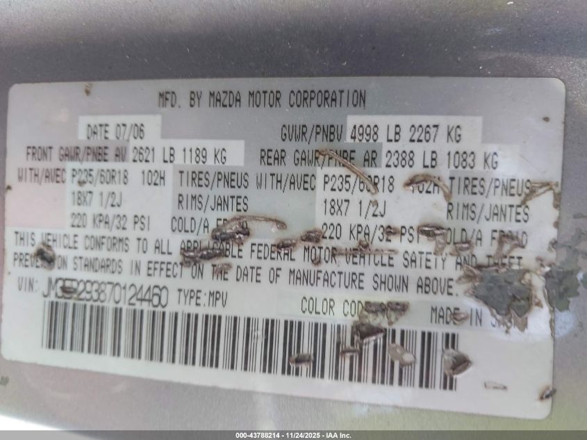 2007 Mazda Cx-7 Grand Touring VIN: JM3ER293870124460 Lot: 43788214