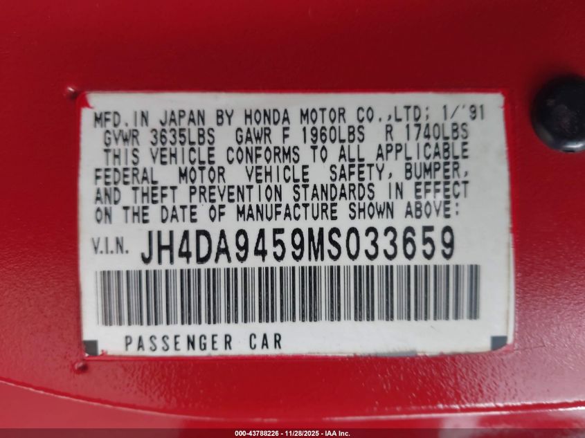 1991 Acura Integra Ls VIN: JH4DA9459MS033659 Lot: 43788226