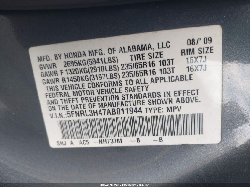 2010 Honda Odyssey Ex VIN: 5FNRL3H47AB011944 Lot: 43788240