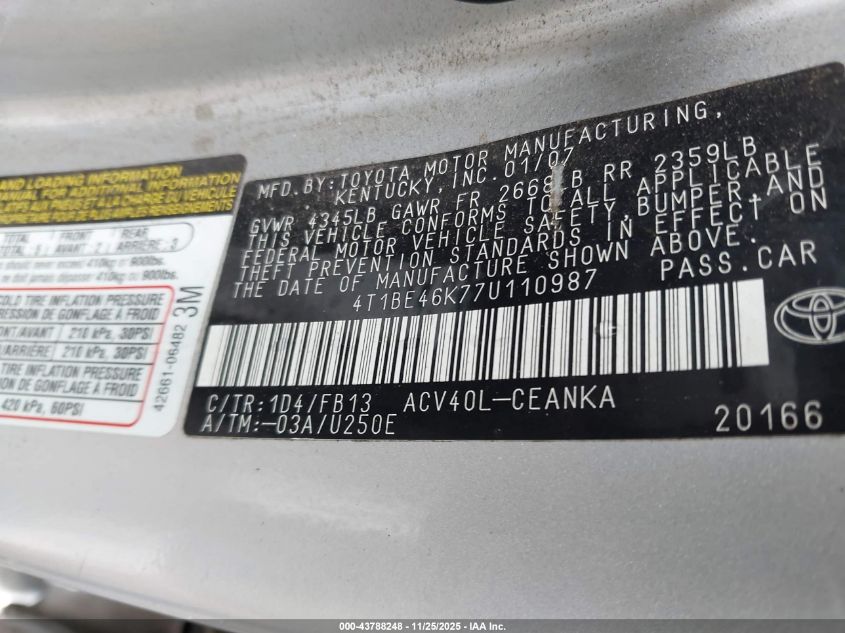 2007 Toyota Camry Le VIN: 4T1BE46K77U110987 Lot: 43788248