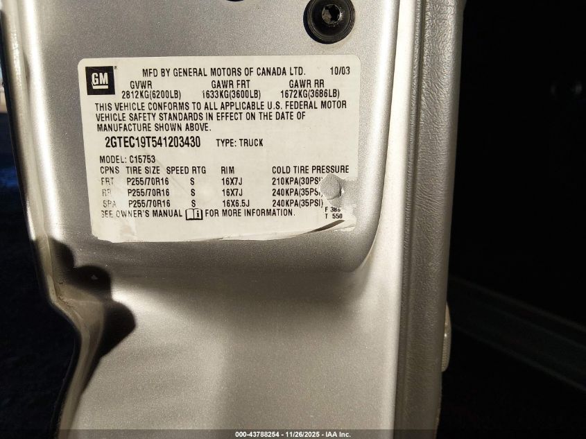 2004 GMC Sierra 1500 Sle VIN: 2GTEC19T541203430 Lot: 43788254