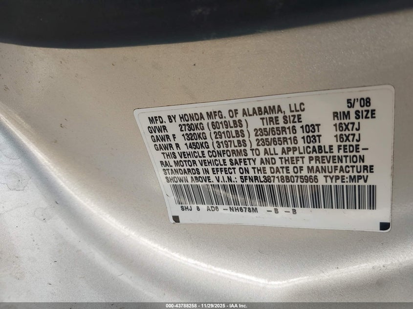 5FNRL38718B075966 2008 HONDA ODYSSEY photo no. 9