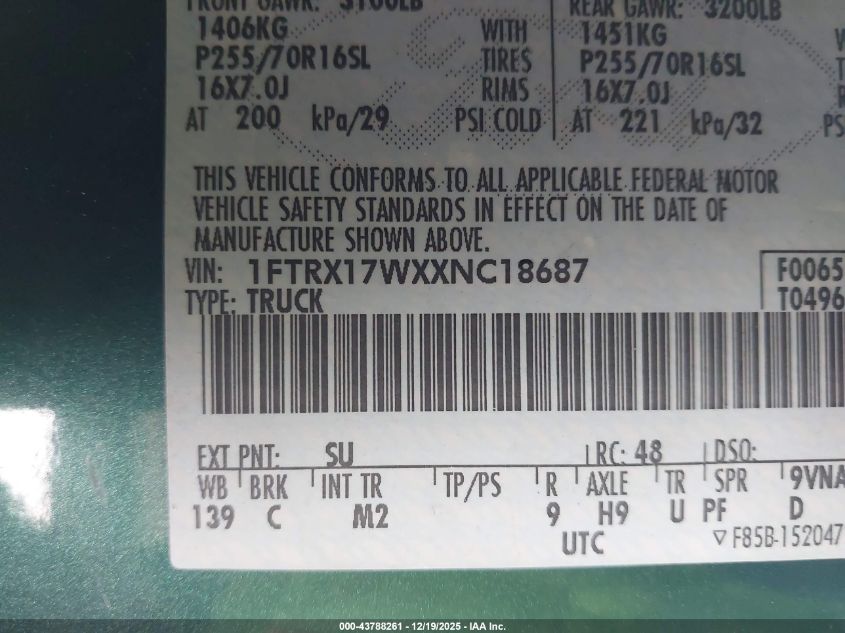 1999 Ford F-150 Lariat/Work Series/Xl/Xlt VIN: 1FTRX17WXXNC18687 Lot: 43788261