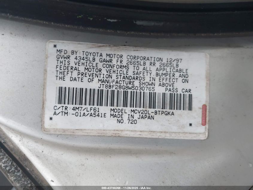 1998 Lexus Es 300 VIN: JT8BF28G8W5030765 Lot: 43788266