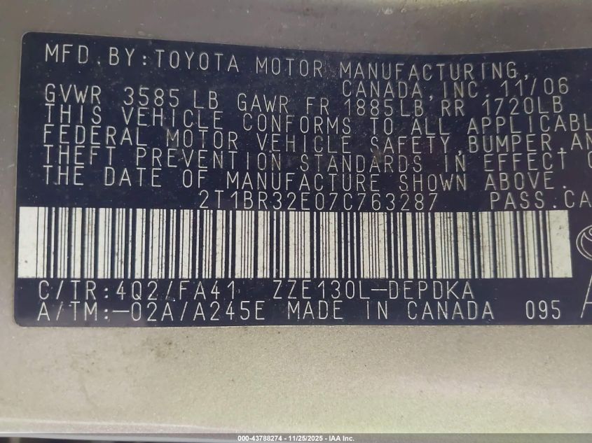 2007 Toyota Corolla Ce VIN: 2T1BR32E07C763287 Lot: 43788274