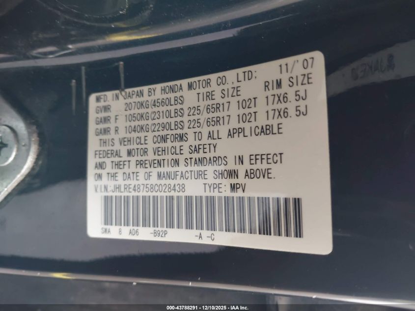 2008 Honda Cr-V Ex-L VIN: JHLRE48758C028438 Lot: 43788291