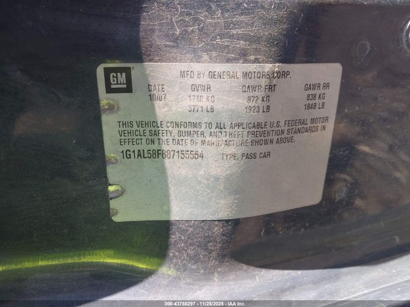 2008 Chevrolet Cobalt Lt VIN: 1G1AL58F887155554 Lot: 43788297