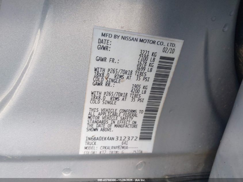 2010 Nissan Titan Xe VIN: 1N6BA0EK4AN312372 Lot: 43788300