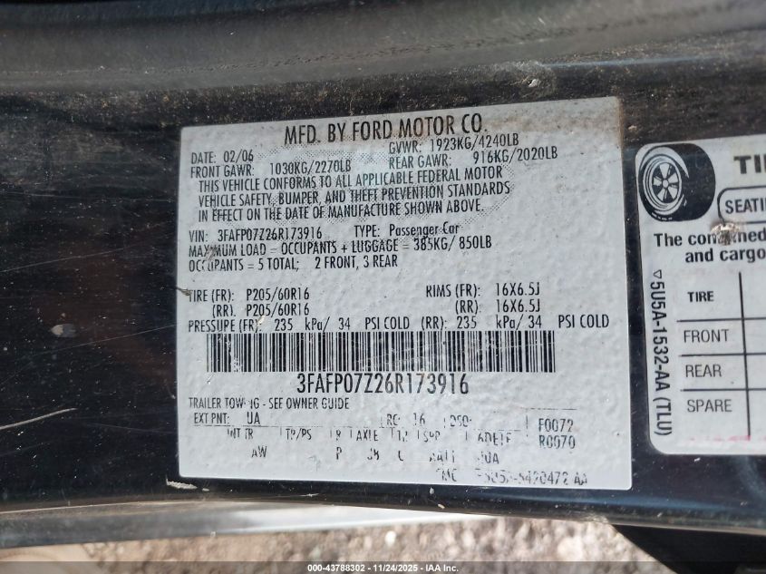 2006 Ford Fusion Se VIN: 3FAFP07Z26R173916 Lot: 43788302