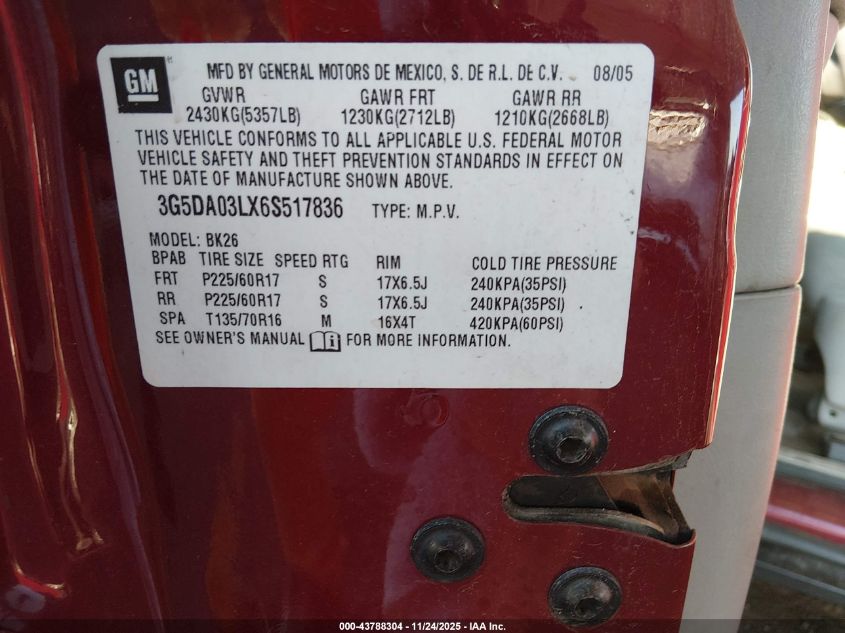 2006 Buick Rendezvous Cx VIN: 3G5DA03LX6S517836 Lot: 43788304