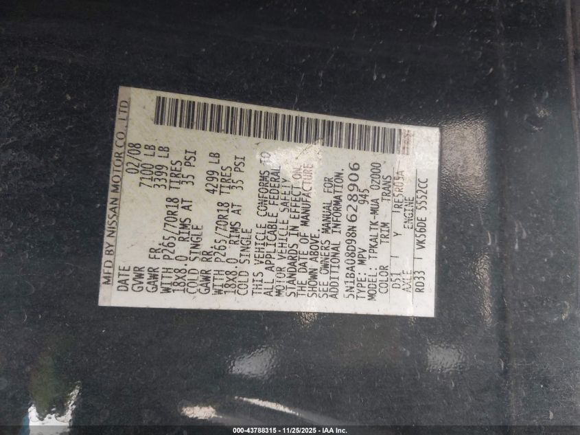 2008 Nissan Armada Se VIN: 5N1BA08D98N628906 Lot: 43788315