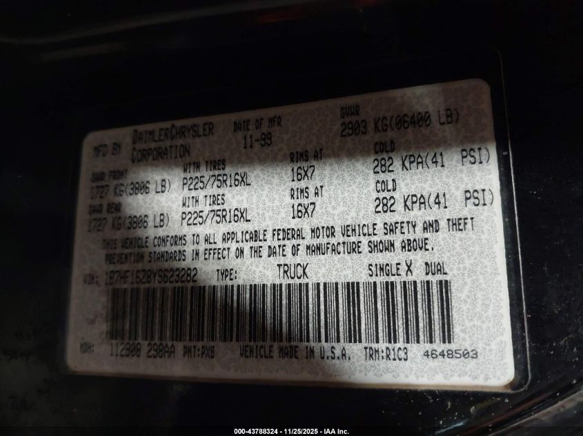 2000 Dodge Ram 1500 St VIN: 1B7HF16Z8YS623282 Lot: 43788324