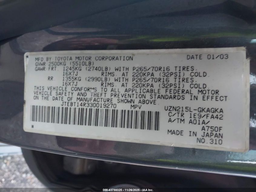 2003 Toyota 4Runner Sr5 V8 VIN: JTEBT14R330019270 Lot: 43788325