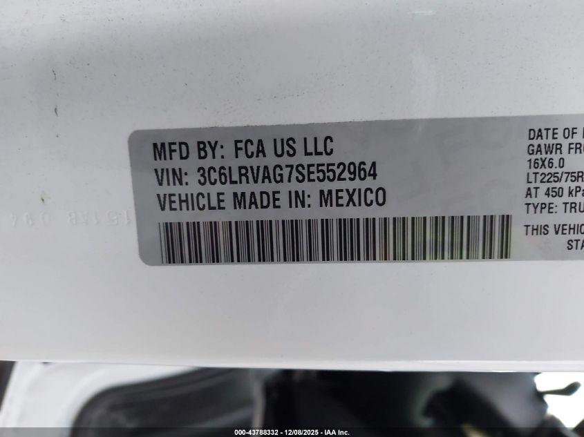 2025 Ram Promaster 1500 Slt+ Low Roof 136 Wb VIN: 3C6LRVAG7SE552964 Lot: 43788332