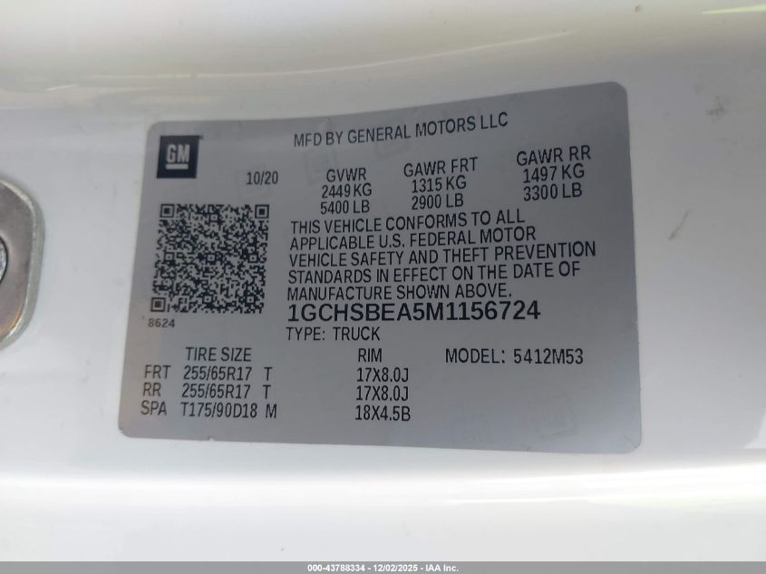 2021 Chevrolet Colorado 2Wd Long Box Wt VIN: 1GCHSBEA5M1156724 Lot: 43788334