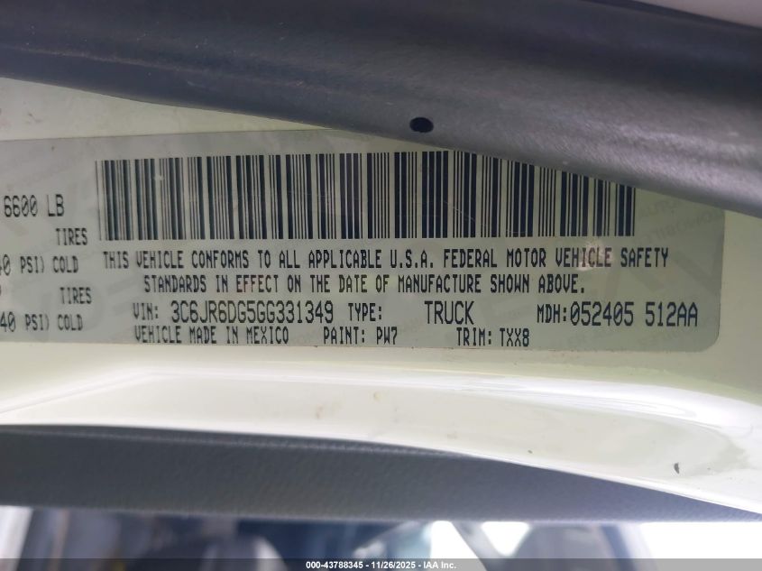 2016 Ram 1500 Tradesman VIN: 3C6JR6DG5GG331349 Lot: 43788345