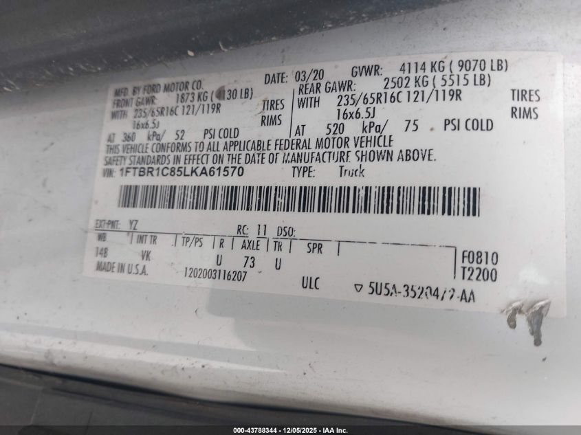 2020 Ford Transit-250 VIN: 1FTBR1C85LKA61570 Lot: 43788344