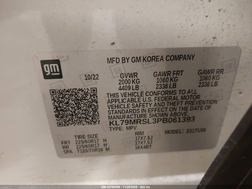 2023 Chevrolet Trailblazer Awd Lt VIN: KL79MRSL3PB061393 Lot: 43788358