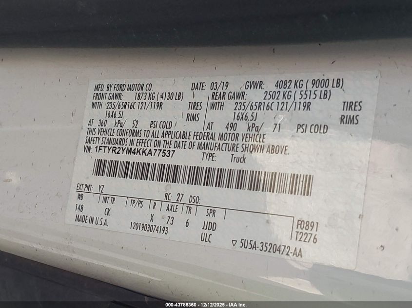 2019 Ford Transit-250 VIN: 1FTYR2YM4KKA77537 Lot: 43788360