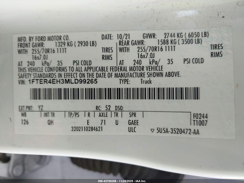 2021 Ford Ranger Xl VIN: 1FTER4EH3MLD99265 Lot: 43788356