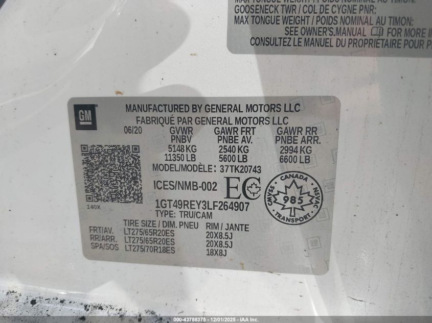 2020 GMC Sierra 2500Hd 4Wd Long Bed Denali/4Wd Standard Bed Denali VIN: 1GT49REY3LF264907 Lot: 43788375