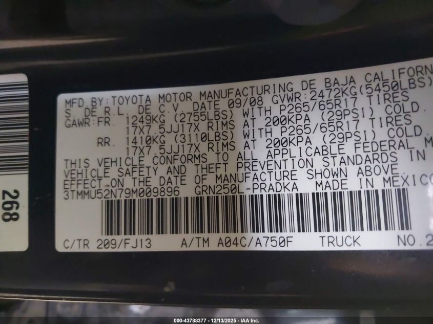 2009 Toyota Tacoma Base V6 VIN: 3TMMU52N79M009896 Lot: 43788377