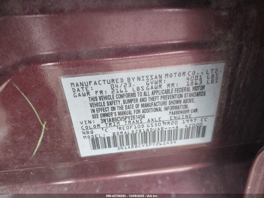 2023 Nissan Sentra Sv Xtronic Cvt VIN: 3N1AB8CV5PY261454 Lot: 43788393