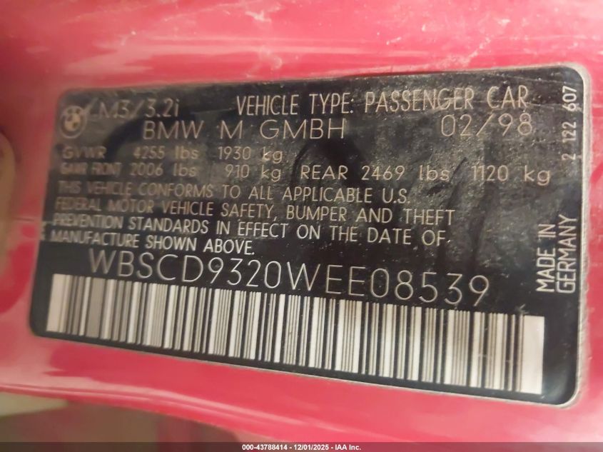 1998 BMW M3 VIN: WBSCD9320WEE08539 Lot: 43788414