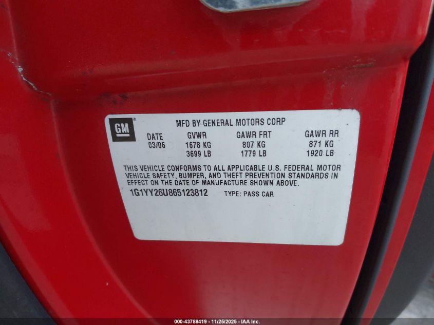 2006 Chevrolet Corvette VIN: 1G1YY26U865123812 Lot: 43788419