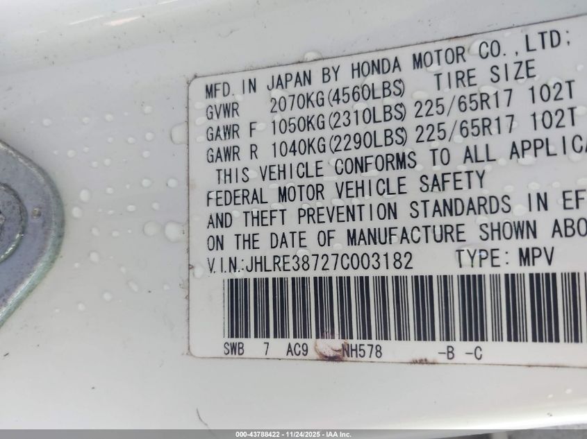 2007 Honda Cr-V Ex-L VIN: JHLRE38727C003182 Lot: 43788422