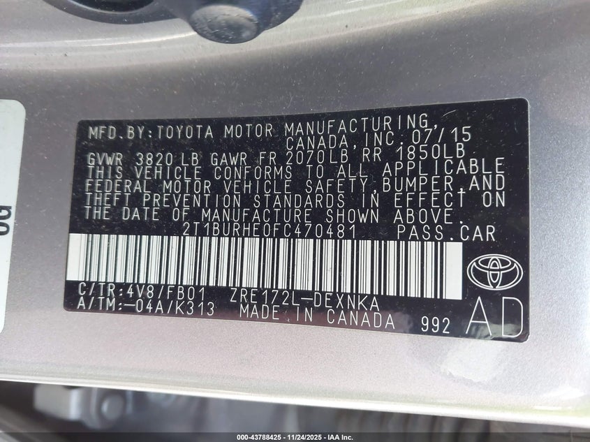 2T1BURHE0FC470481 2015 TOYOTA COROLLA photo no. 9
