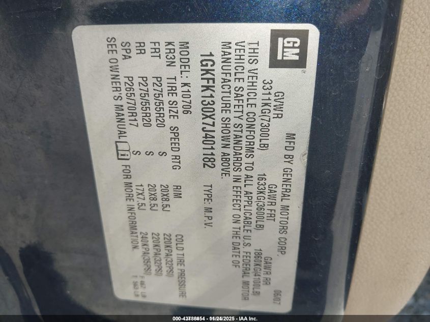 2007 GMC Yukon Slt VIN: 1GKFK130X7J401182 Lot: 43788454