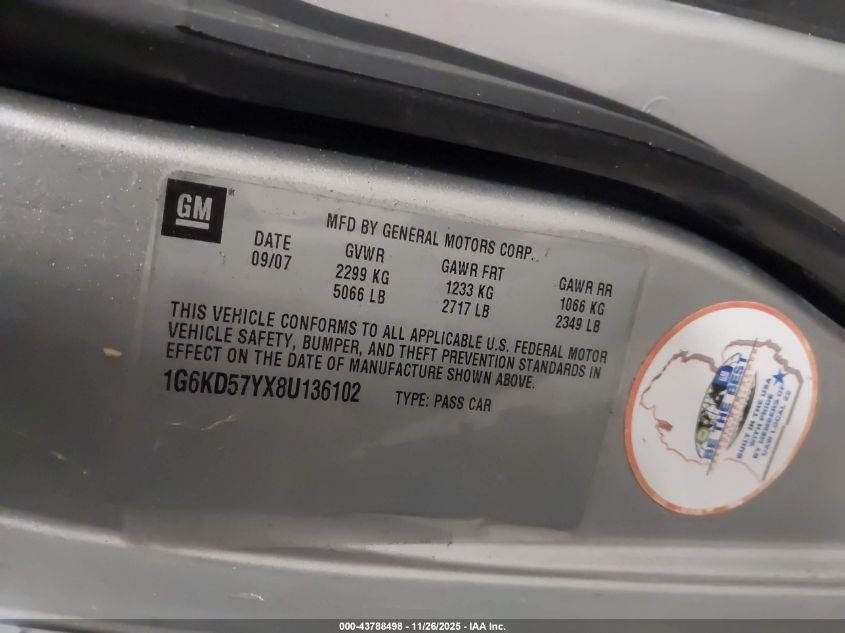 2008 Cadillac Dts 1Sc VIN: 1G6KD57YX8U136102 Lot: 43788498