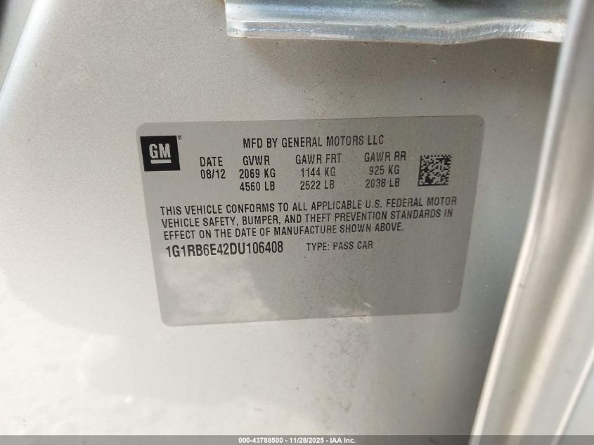 2013 Chevrolet Volt VIN: 1G1RB6E42DU106408 Lot: 43788500