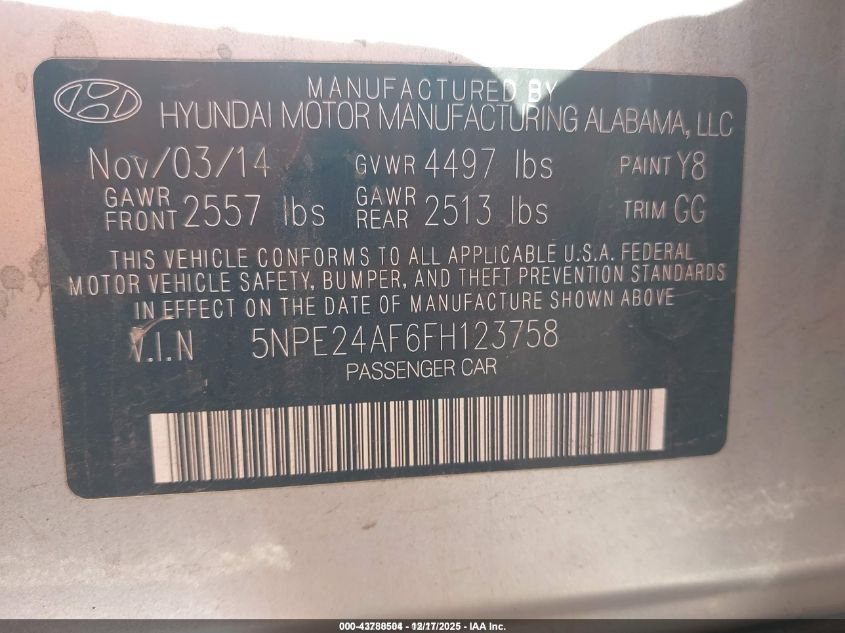 2015 Hyundai Sonata Se VIN: 5NPE24AF6FH123758 Lot: 43788504