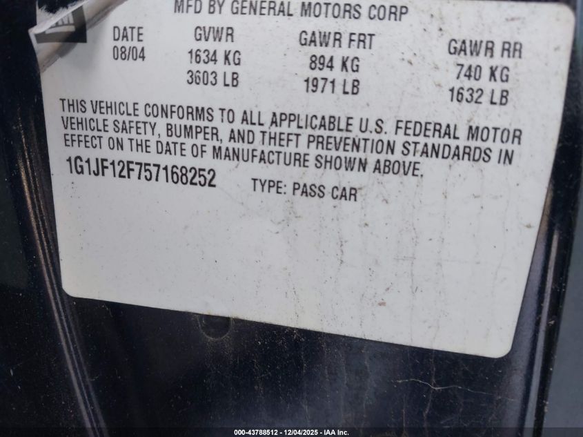 2005 Chevrolet Cavalier Ls VIN: 1G1JF12F757168252 Lot: 43788512