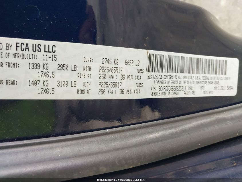 2016 Dodge Grand Caravan Sxt VIN: 2C4RDGCG6GR225214 Lot: 43788514