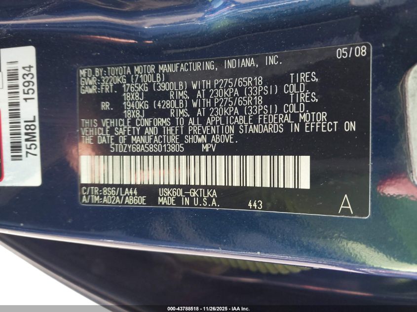 2008 Toyota Sequoia Limited 5.7L V8 VIN: 5TDZY68A58S013805 Lot: 43788518