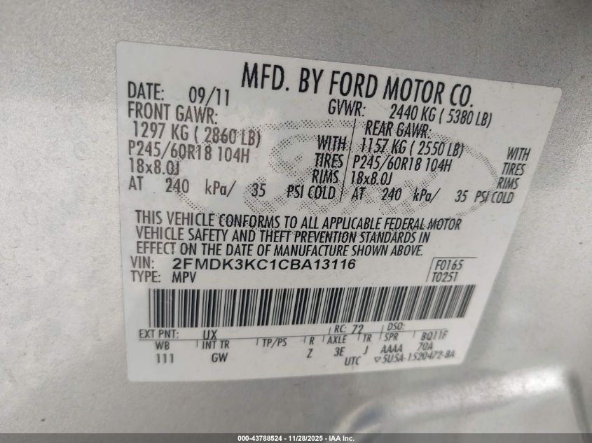 2012 Ford Edge Limited VIN: 2FMDK3KC1CBA13116 Lot: 43788524