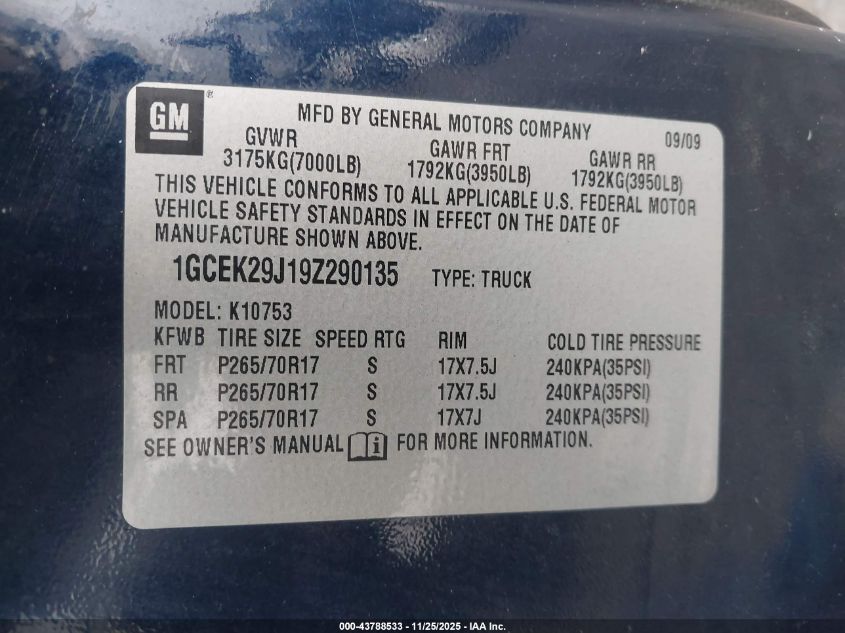 2009 Chevrolet Silverado 1500 Lt VIN: 1GCEK29J19Z290135 Lot: 43788533