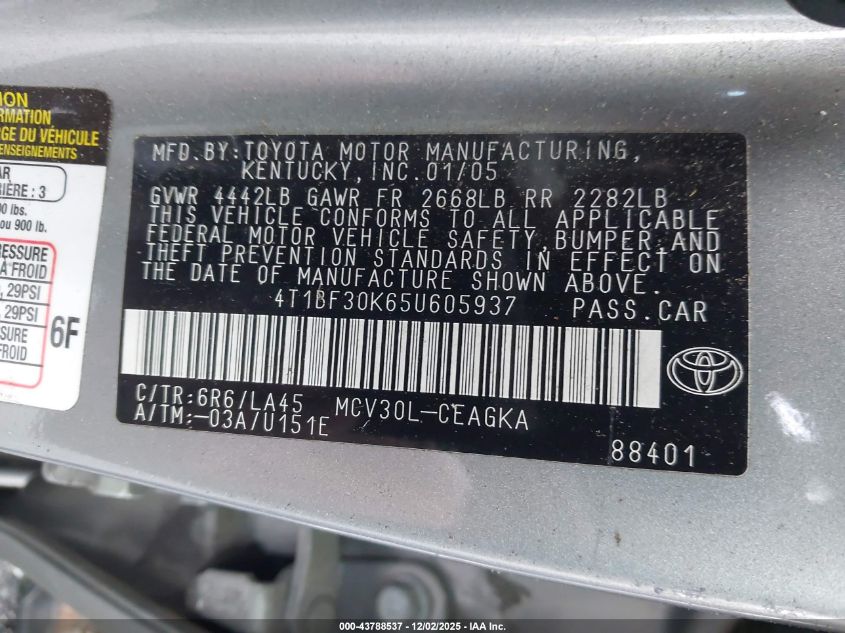 2005 Toyota Camry Xle V6 VIN: 4T1BF30K65U605937 Lot: 43788537
