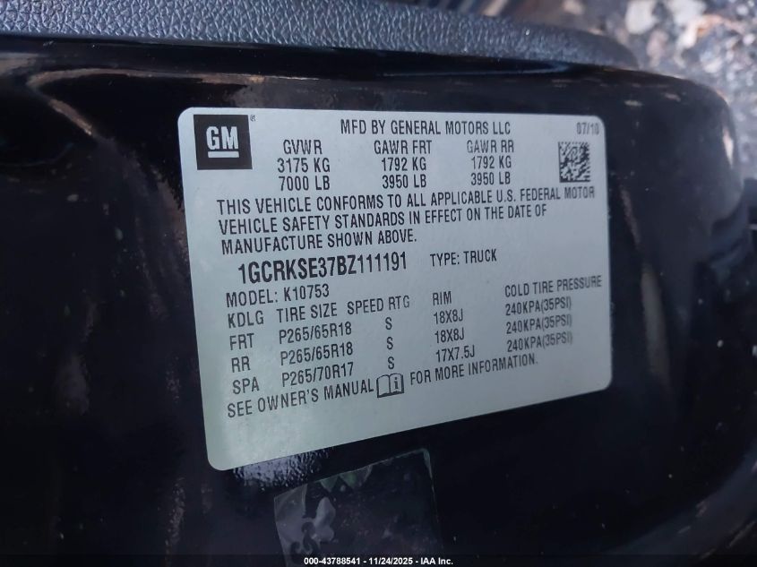 2011 Chevrolet Silverado 1500 Lt VIN: 1GCRKSE37BZ111191 Lot: 43788541