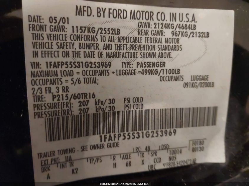 2001 Ford Taurus Ses VIN: 1FAFP55S31G253969 Lot: 43788551