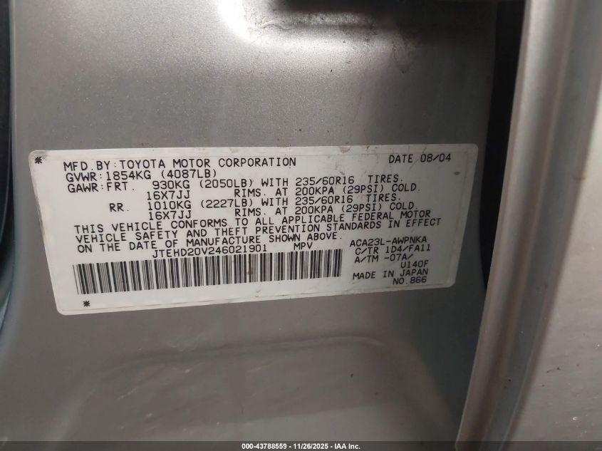 2004 Toyota Rav4 VIN: JTEHD20V246021901 Lot: 43788559