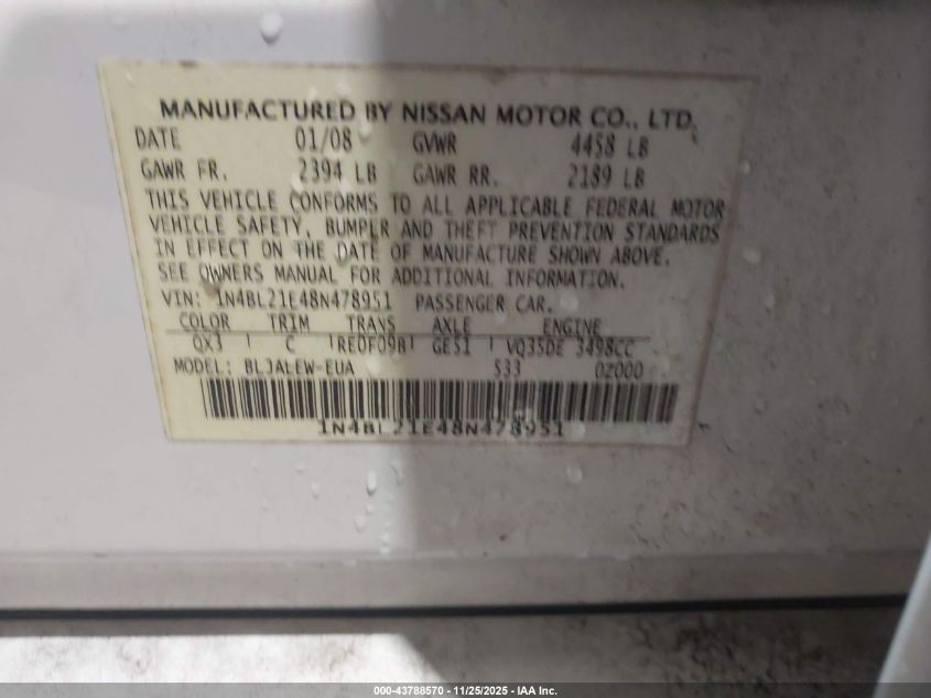 2008 Nissan Altima 3.5 Sl VIN: 1N4BL21E48N478951 Lot: 43788570