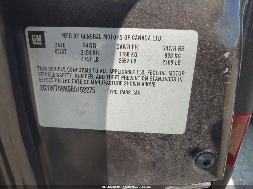 2008 Chevrolet Impala Lt VIN: 2G1WT58K989152275 Lot: 43788581