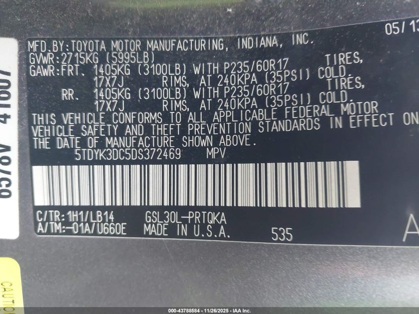 2013 Toyota Sienna Xle V6 8 Passenger VIN: 5TDYK3DC5DS372469 Lot: 43788584