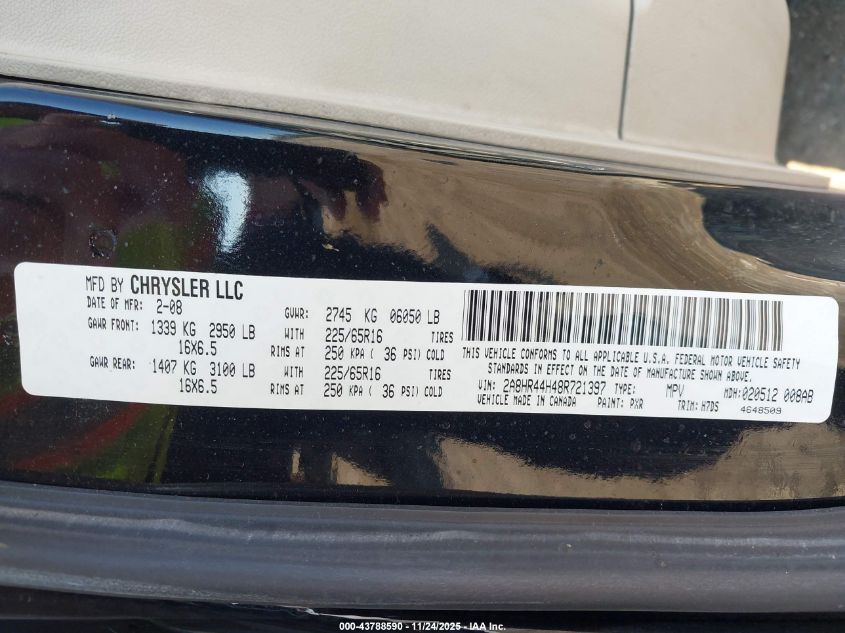 2008 Chrysler Town & Country Lx VIN: 2A8HR44H48R721397 Lot: 43788590