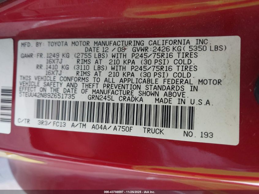 2009 Toyota Tacoma Base V6 VIN: 5TEUU42N89Z651735 Lot: 43788597